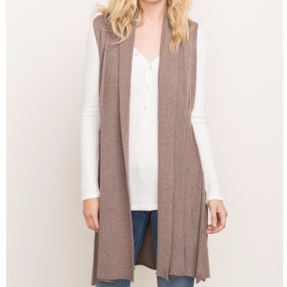 Sleeveless Ribbed Shawl Collar Long Brown Vest - Picture 1 of 7